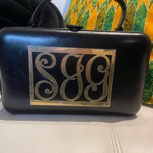Vintage Black Leather Handbag with Gold Accents